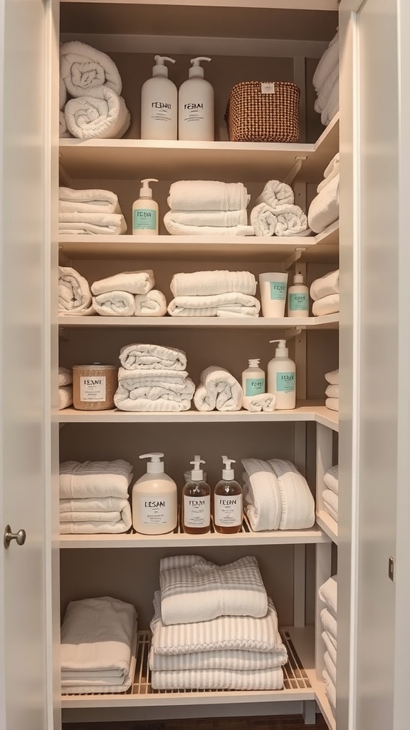 Organized linen closet with neatly stacked towels and toiletries on shelves.