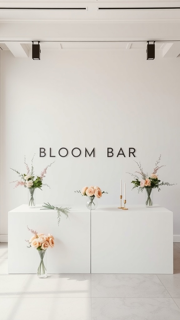 A minimalist bloom bar featuring simple flower arrangements and clean lines.