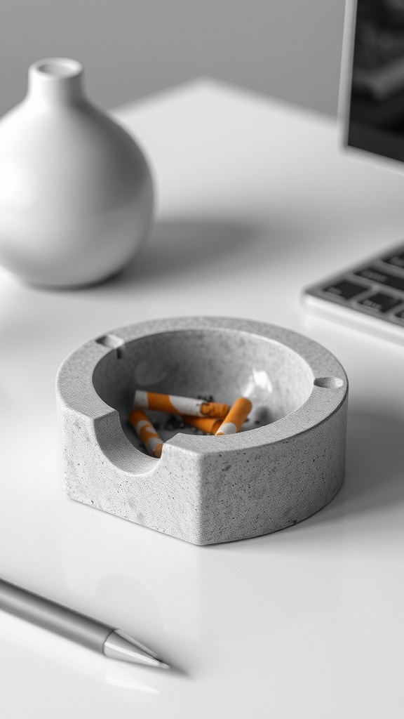 A minimalist concrete-style ashtray with cigarettes inside, placed on a clean table next to a pen and a laptop.