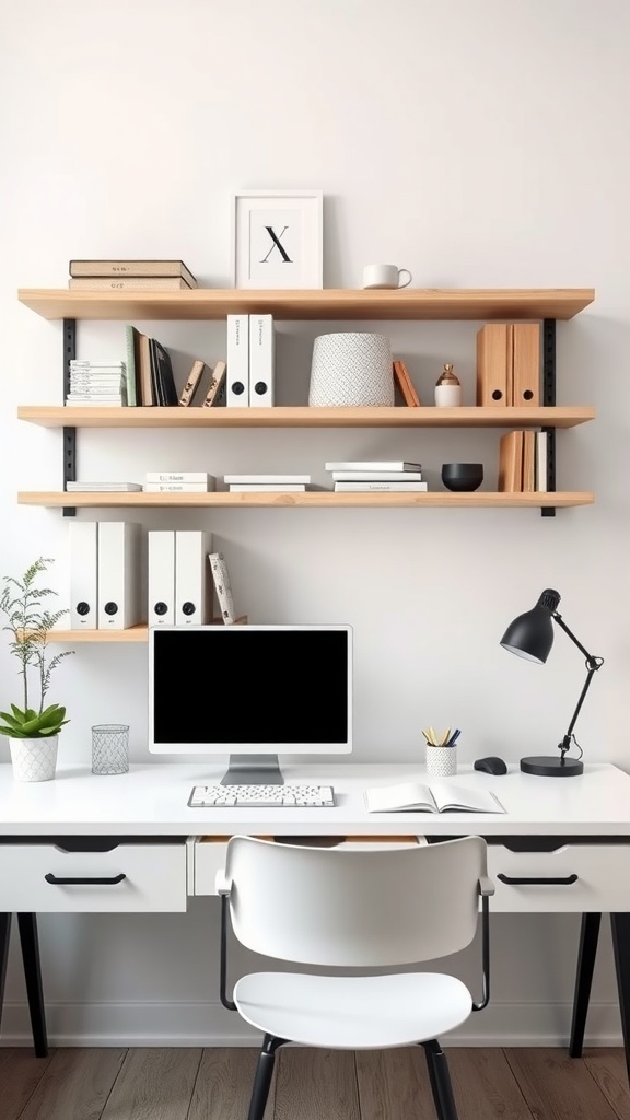 A minimalist office desk with floating shelves, featuring books, a plant, and a computer.