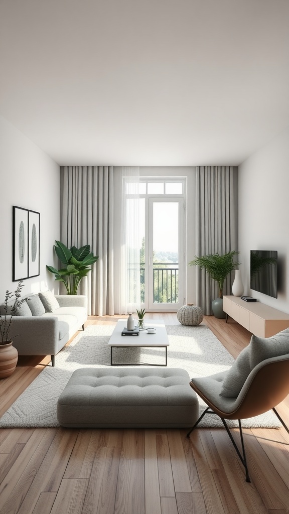 Minimalist living room with neutral colors and plants.