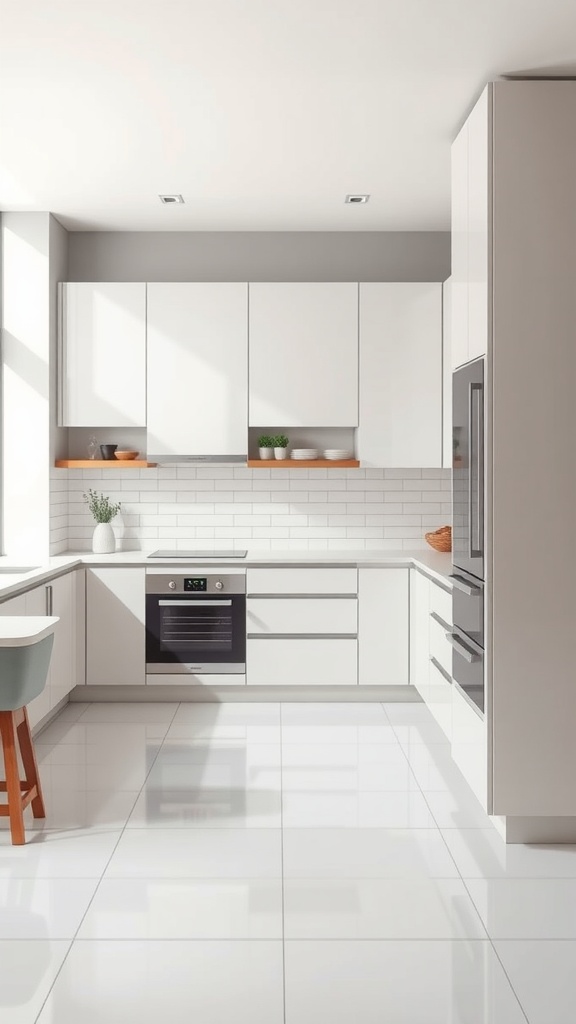 A minimalist kitchen with white cabinets, a wooden shelf, and sleek appliances