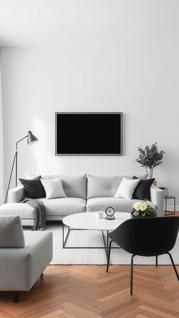 Minimalist living room featuring a light grey couch with black pillows, a round coffee table, and a modern lamp.