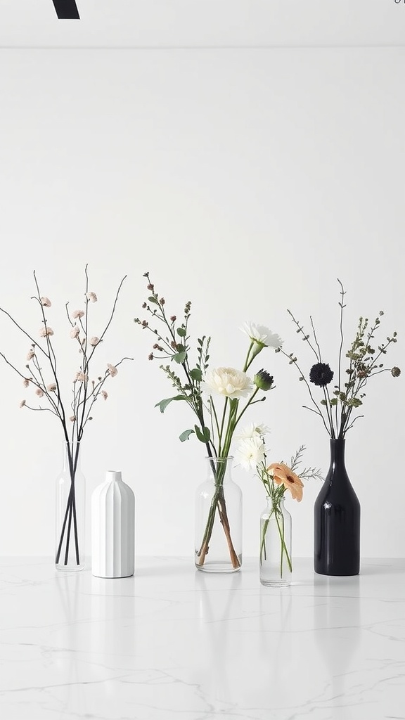 A minimalist floral display with different vases containing various flowers.