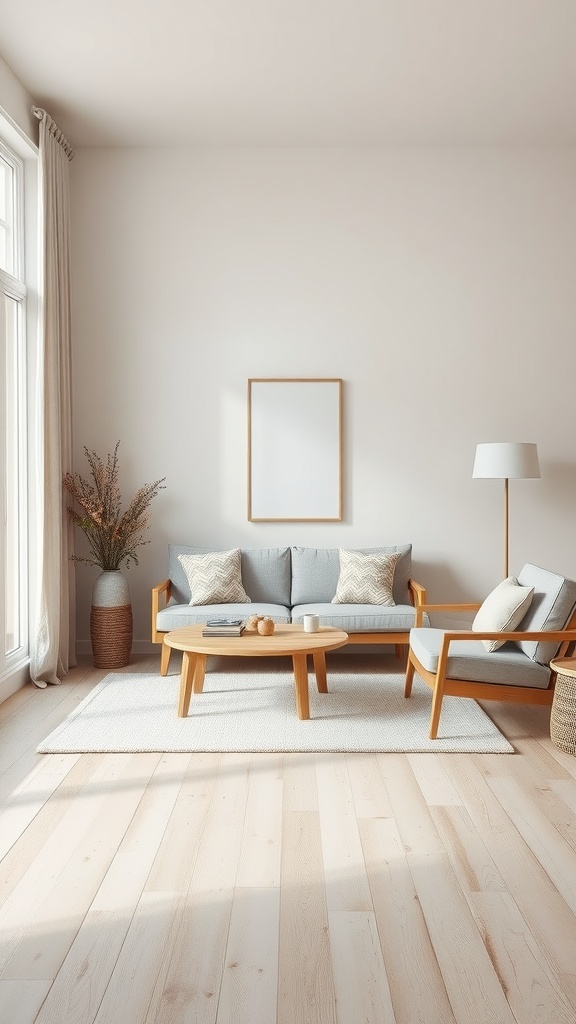 A minimalist Scandinavian living room with a light color palette and natural materials.