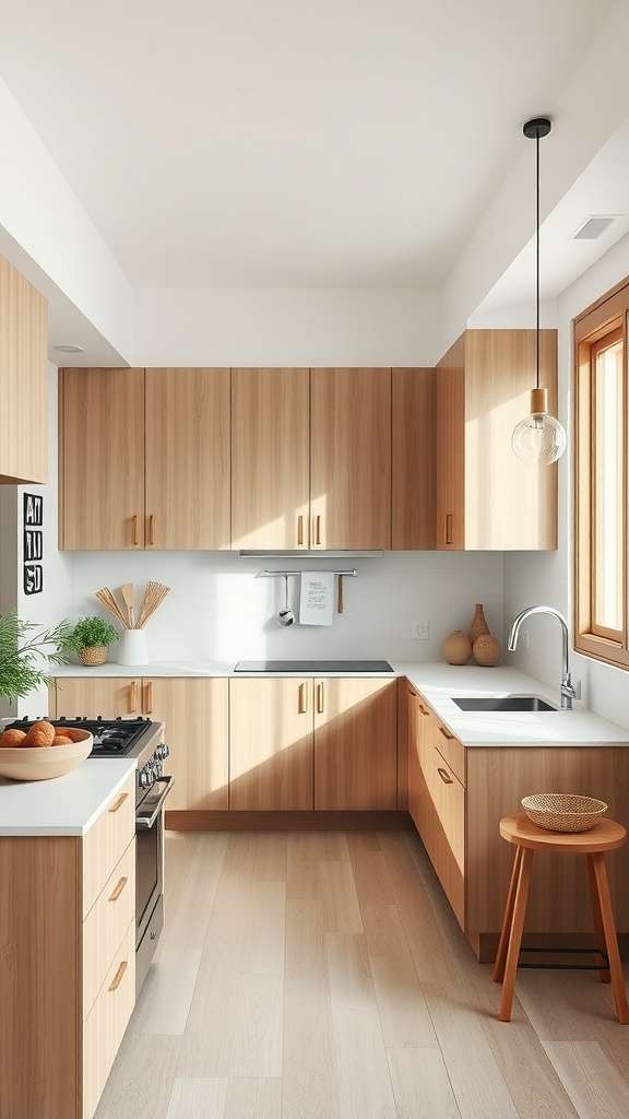 A minimalist kitchen featuring wood cabinetry, white countertops, and a cozy atmosphere.