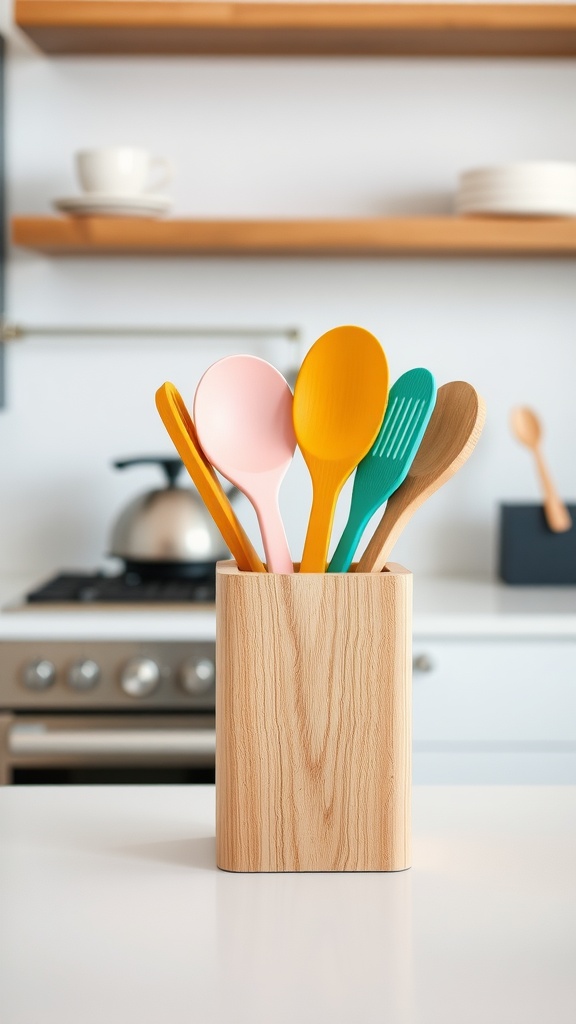 Minimalist wooden utensil holder with colorful utensils