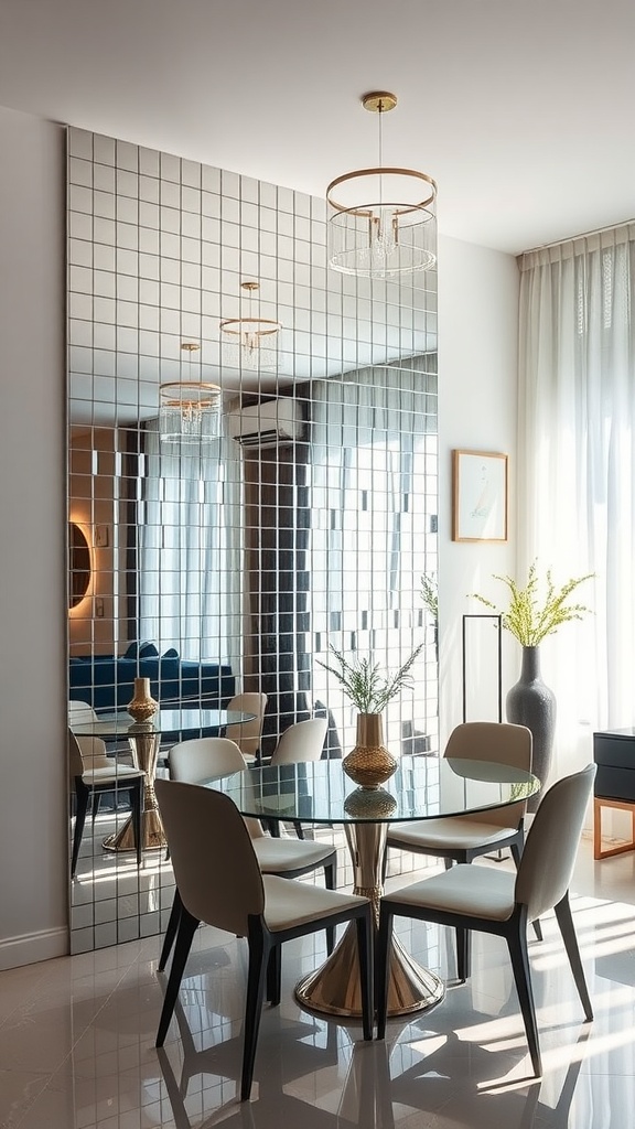 A dining area with a mirror-tiled accent wall reflecting light and adding depth to the space.