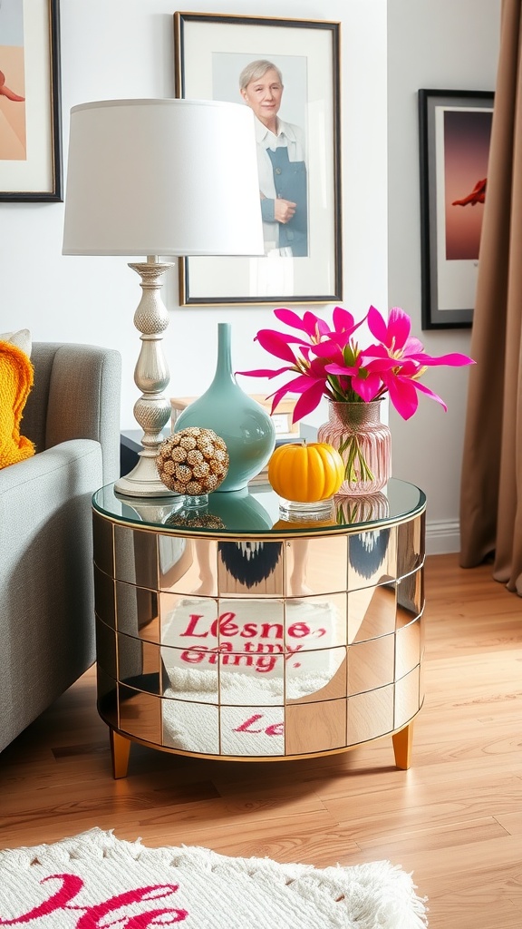 A stylish mirrored side table with decorative items including a lamp, flowers, and a pumpkin, showcasing a bright and inviting living room.