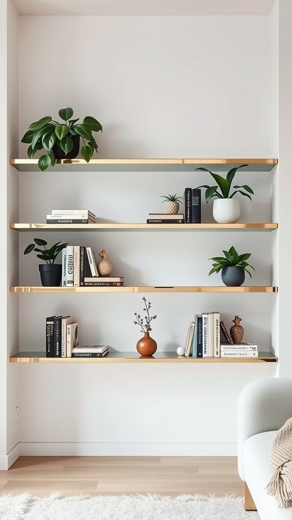 A modern room featuring mirrored shelves with books and plants.