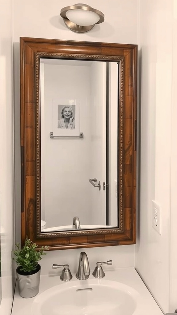 A decorative mirror above a sink in a stylish bathroom setting.