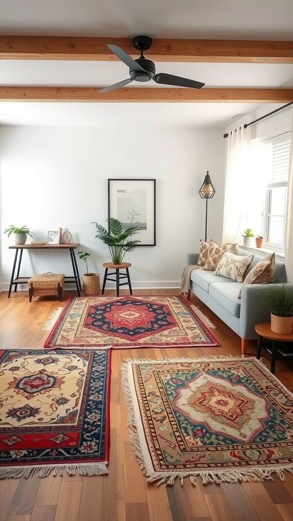 A cozy living room featuring three different boho rugs on a wooden floor, with a light blue sofa and plants.