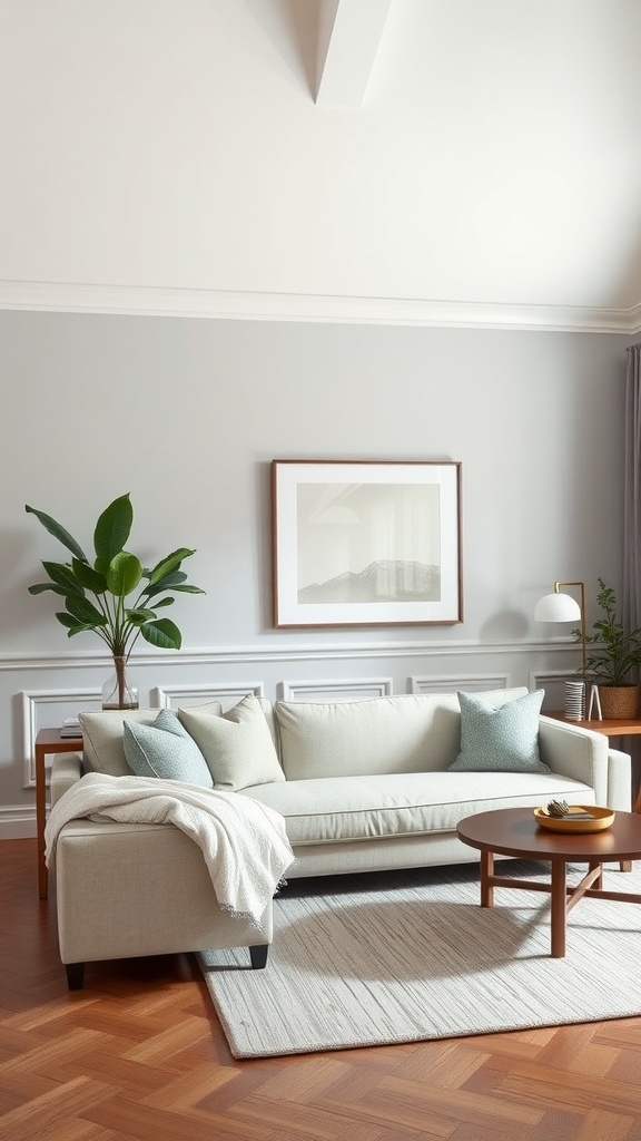 A stylish living room featuring modern beadboard wainscoting with a light-colored couch and wooden accents.