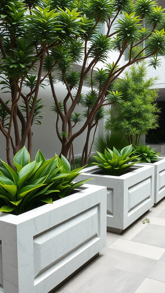 Modern concrete planter boxes with lush green plants