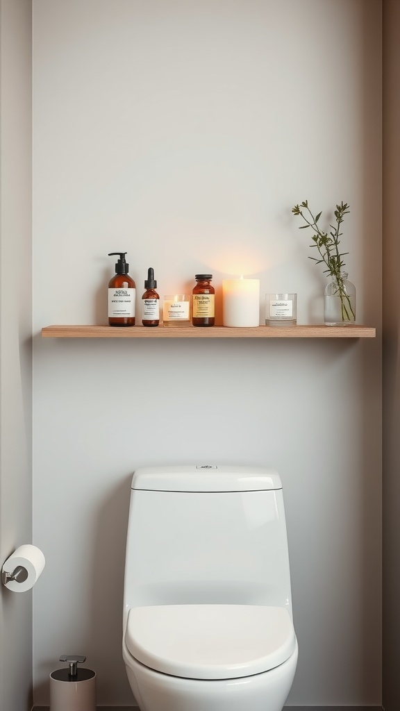 Modern minimalist shelf over toilet with spa essentials, including lotions, candles, and greenery.