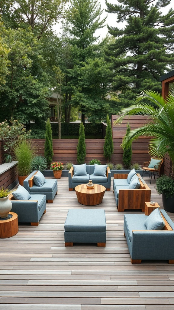 A modular seating arrangement on a wooden deck surrounded by greenery.