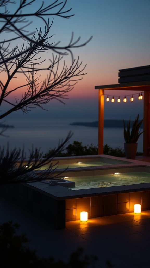 Outdoor bathroom with mood lighting during sunset