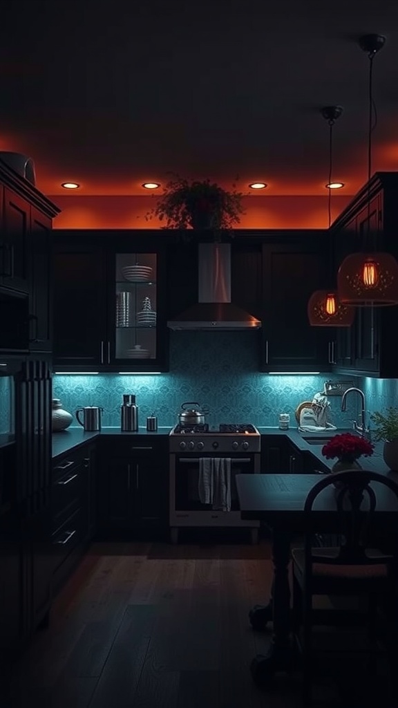 A dark kitchen with moody ambient lighting, featuring warm orange and cool blue lights.