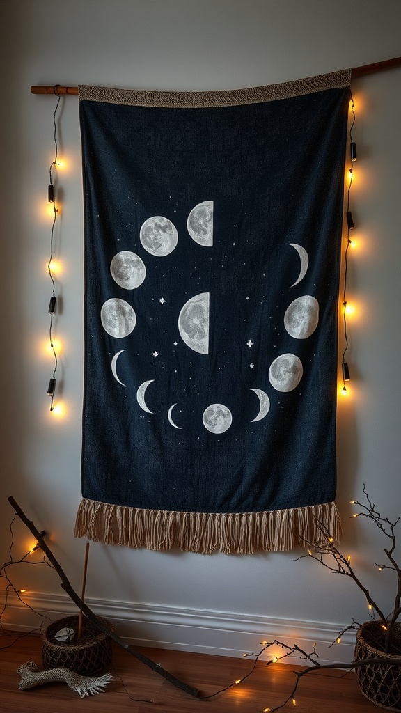 A wall hanging featuring different phases of the moon on a dark blue background, framed by warm fairy lights.