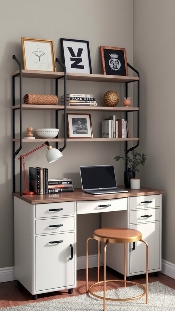 A stylish multi-functional corner desk with shelves, laptop, and decorative items in a cozy room.