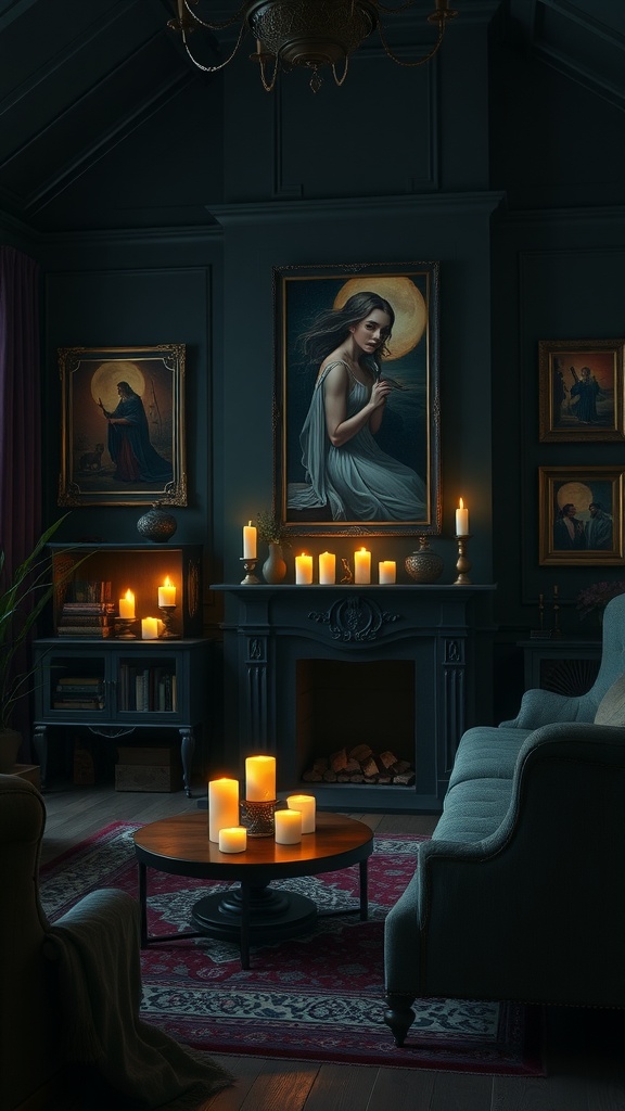 A cozy living room with dark walls, candlelight, and mystical artwork, creating a witchy atmosphere.