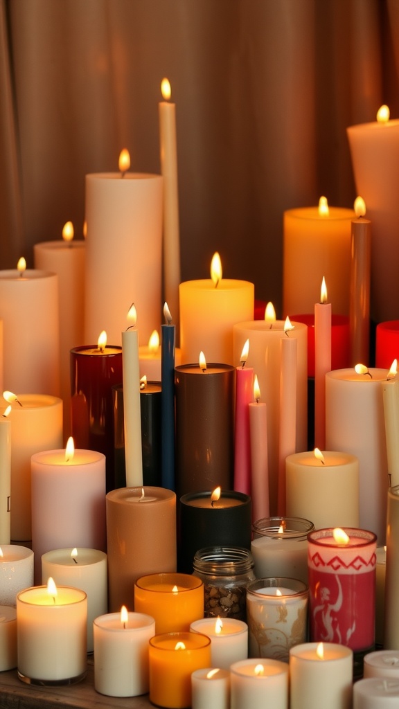 An arrangement of candles in various shapes and colors, all lit and glowing warmly.