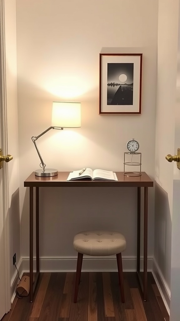 A narrow console table desk setup with a lamp, clock, and a book in a small space.