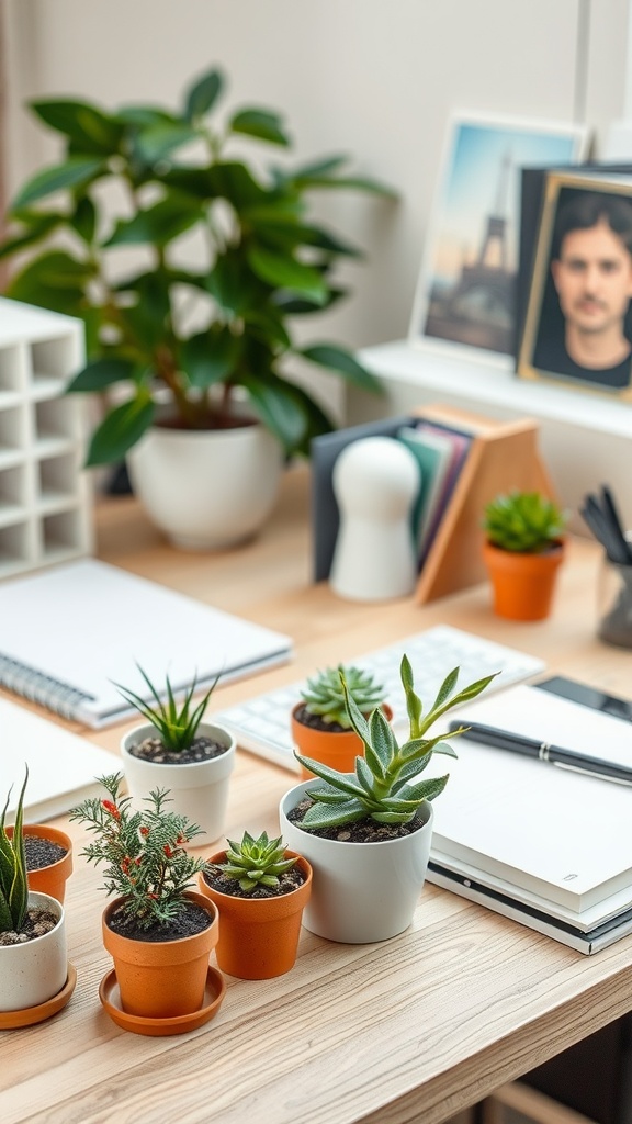 A well-organized office desk featuring various potted plants and stationery.