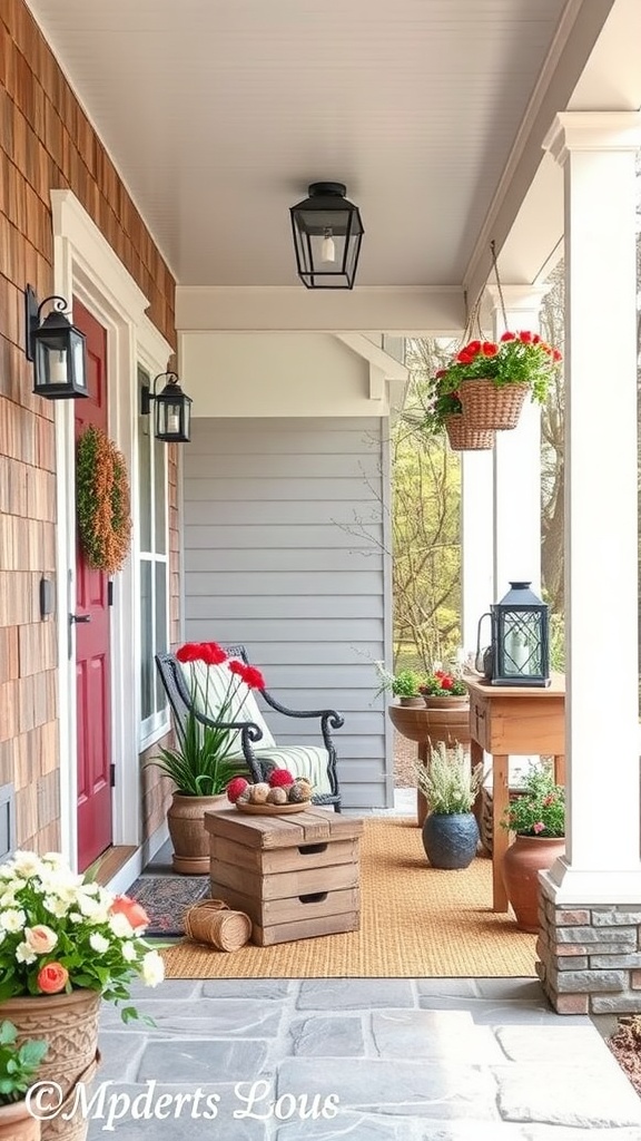 A cozy porch featuring rustic wooden accents and vibrant flowers, evoking a warm spring atmosphere.