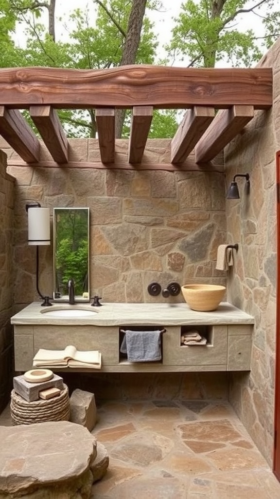 Outdoor bathroom with natural stone accents and wooden details