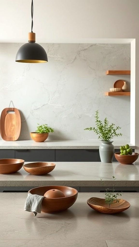 A modern kitchen featuring natural stone countertops, wooden bowls, and plants, embodying Japandi style.