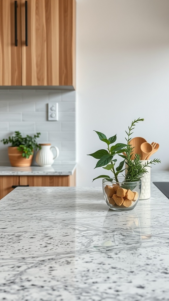 A polished natural stone kitchen countertop with plants and decorative items