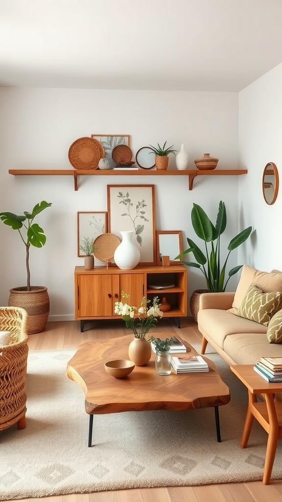 A cozy modern boho living room featuring natural wood accents, including a unique wooden coffee table, shelving, and warm-toned furniture.