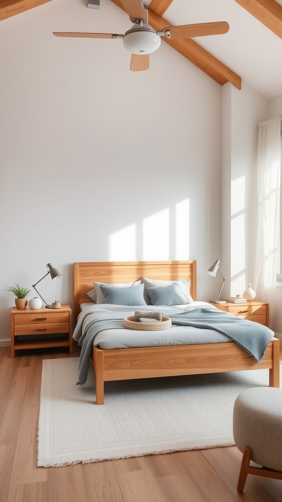 A cozy bedroom featuring natural wood furniture, including a bed frame and nightstands, with soft textiles and a warm atmosphere.