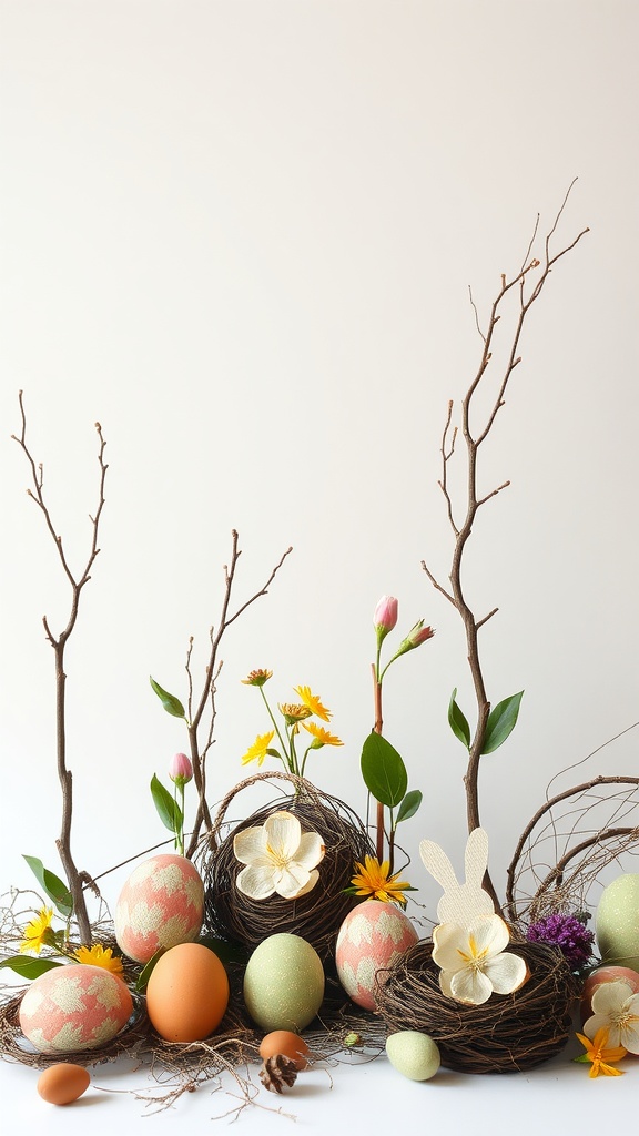 Nature-inspired Easter decorations featuring colorful eggs, twigs, and flowers