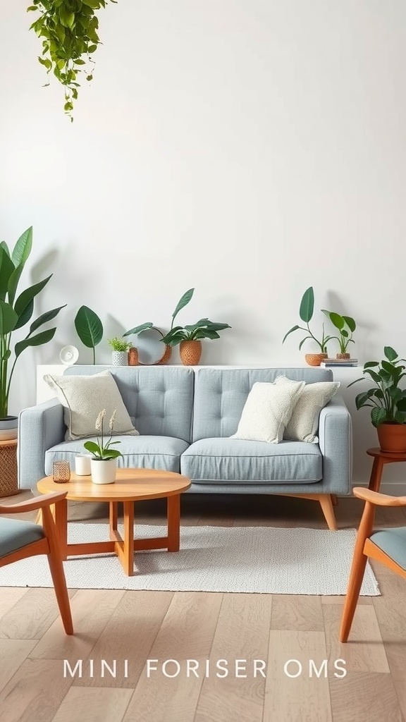 Light grey couch surrounded by various plants in a cozy living room setting.