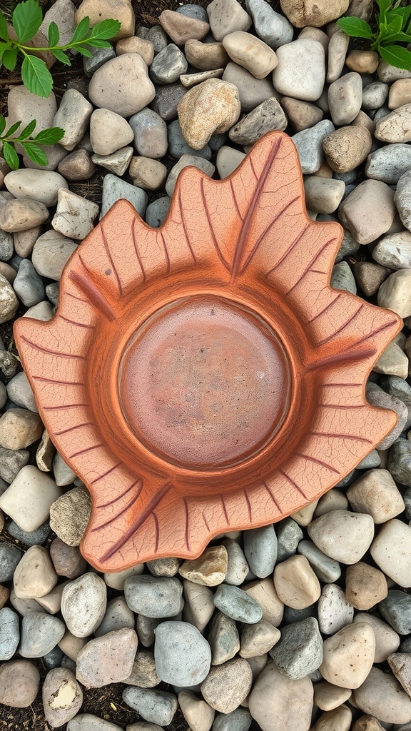 Leaf-shaped clay ashtray surrounded by small pebbles.