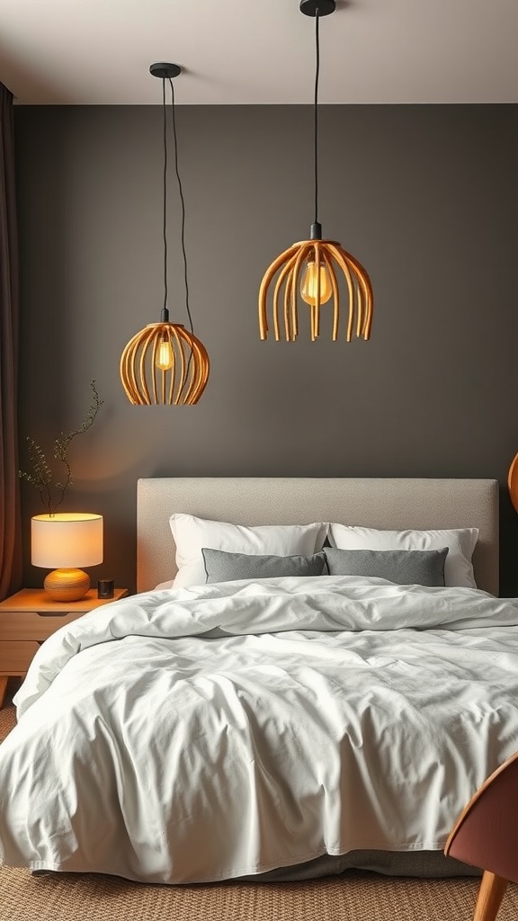 Two wooden pendant lights hanging above a bed in a cozy bedroom with neutral tones.