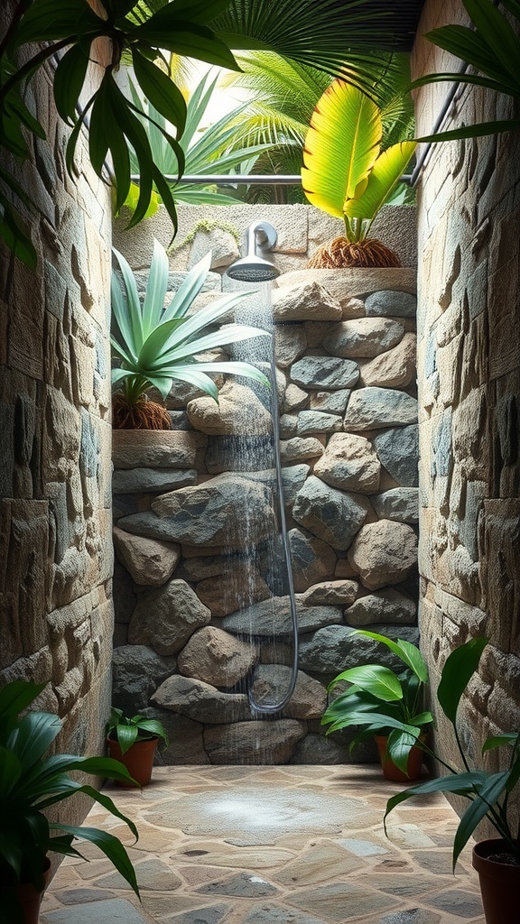 An outdoor shower surrounded by stone walls and tropical plants, creating a nature-inspired experience.