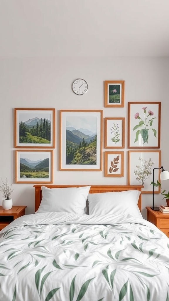 A bedroom featuring nature-themed wall art with landscapes and botanical prints, complemented by leafy bedding.