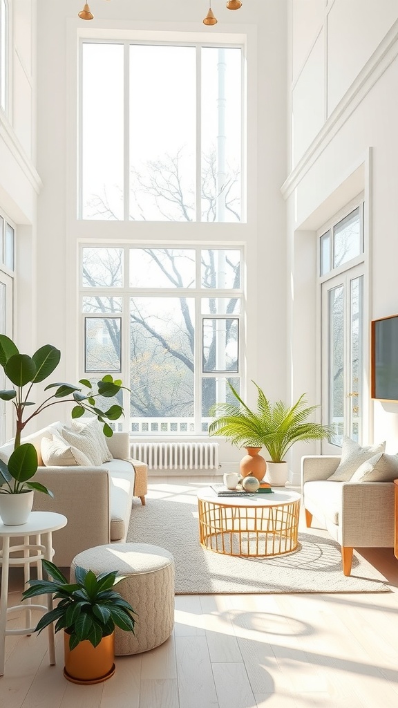 Bright living room with large windows, neutral colors, and indoor plants.