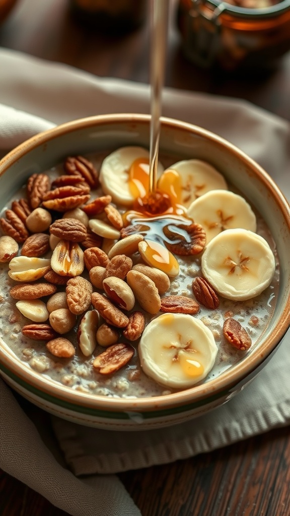 A nutritious oatmeal bowl topped with nuts and banana slices.