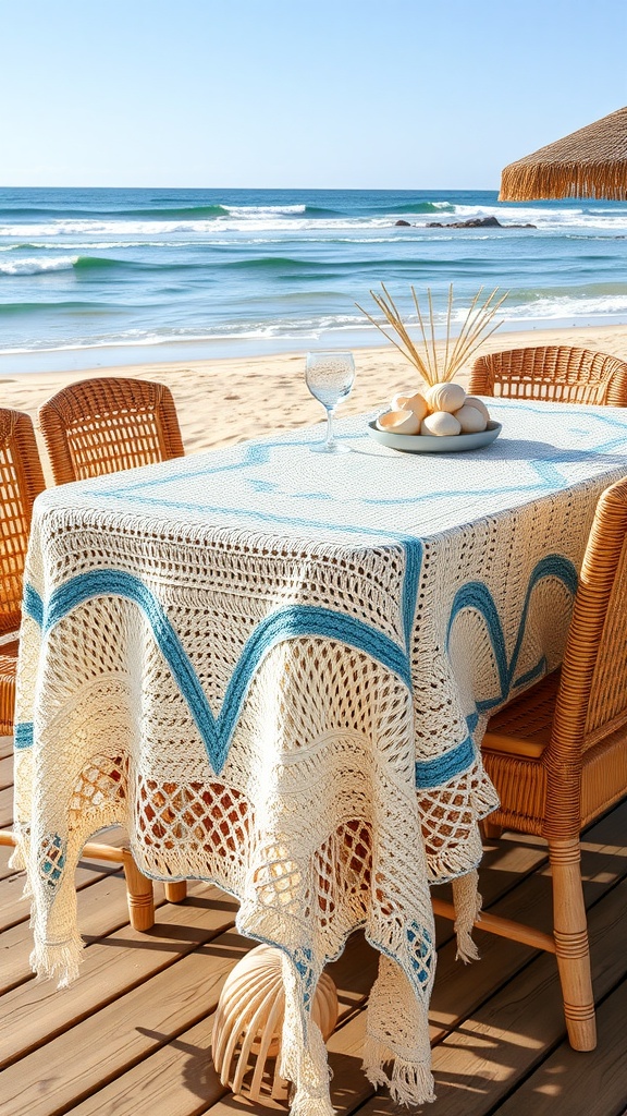 A beachside table set with an ocean-inspired crochet tablecloth, wicker chairs, and a serene view of the ocean.