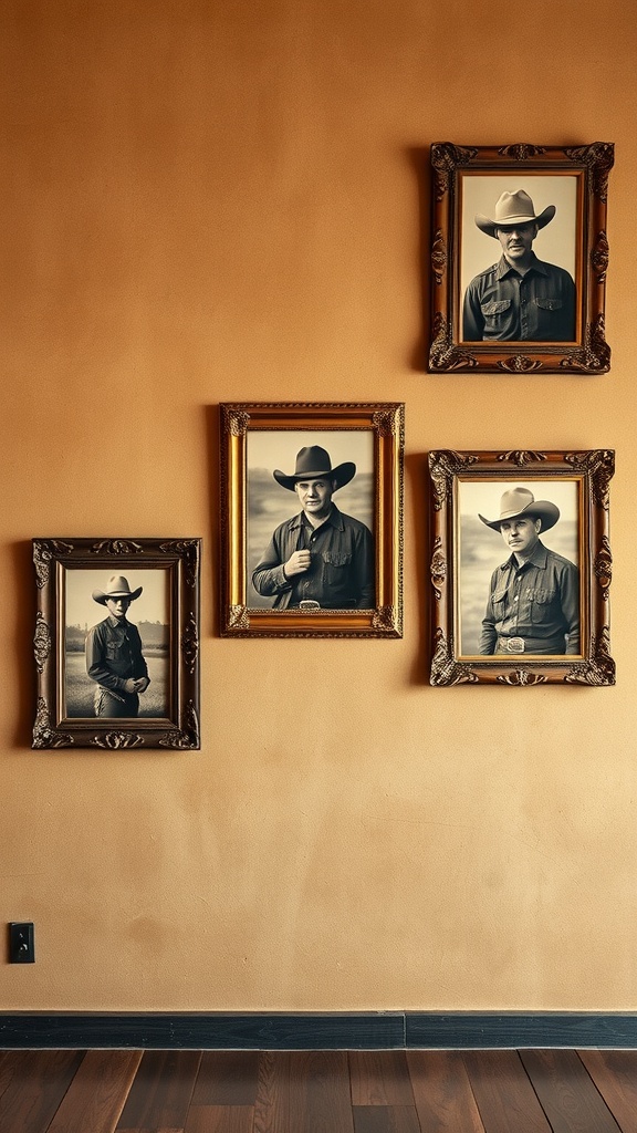 Four vintage cowboy portraits framed on a wall.