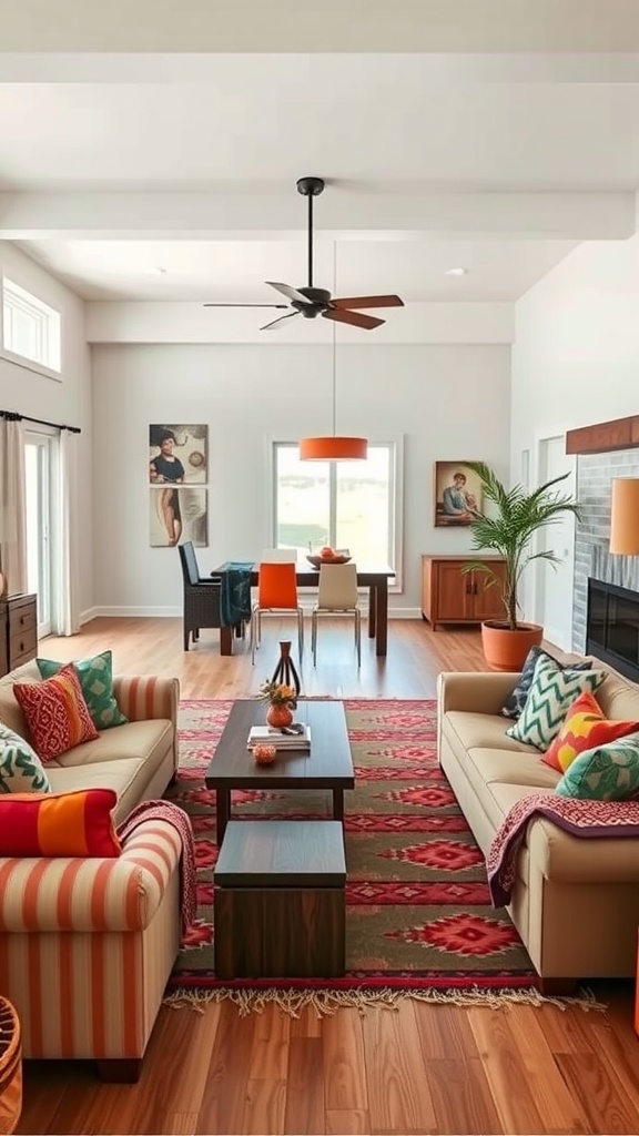 Open concept living room with southwestern patterns, showcasing colorful sofas, a patterned rug, and a dining area in the background.