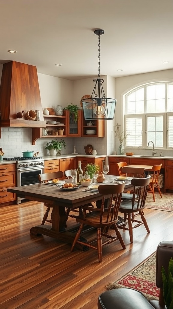 Cozy open concept kitchen with wooden cabinetry and a large dining table