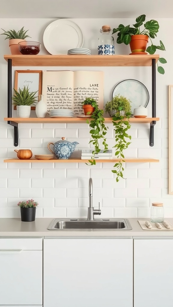 Open shelving in a modern kitchen with plants and decorative items