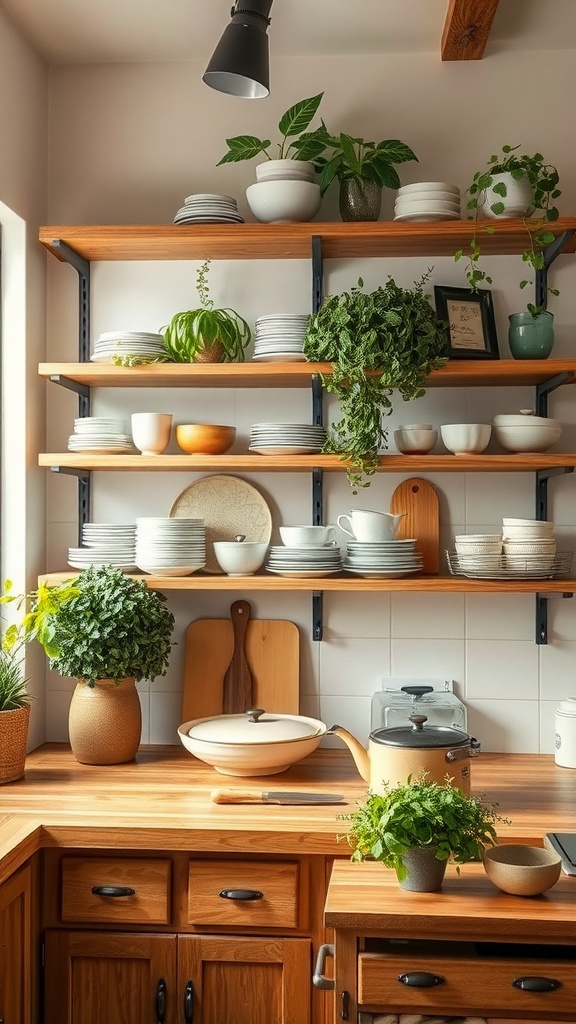 A Japandi style kitchen featuring open wooden shelves with plates, bowls, and plants, showcasing a clean and organized look.