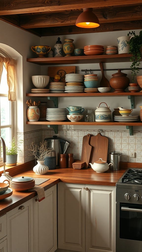 Open shelving with colorful handcrafted pottery and dishes in a cozy kitchen setting