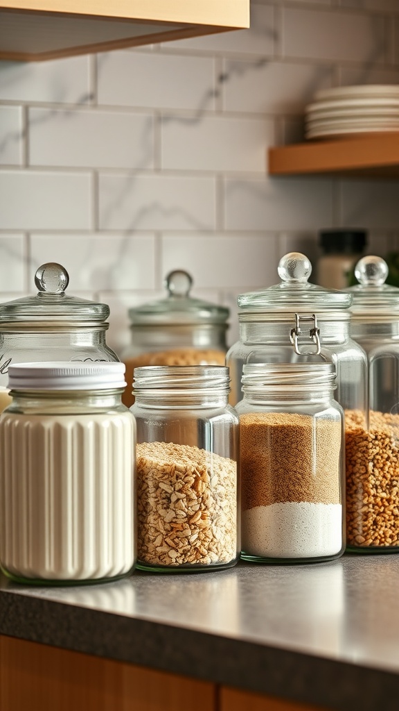 Various glass jars filled with different ingredients on a kitchen counter.